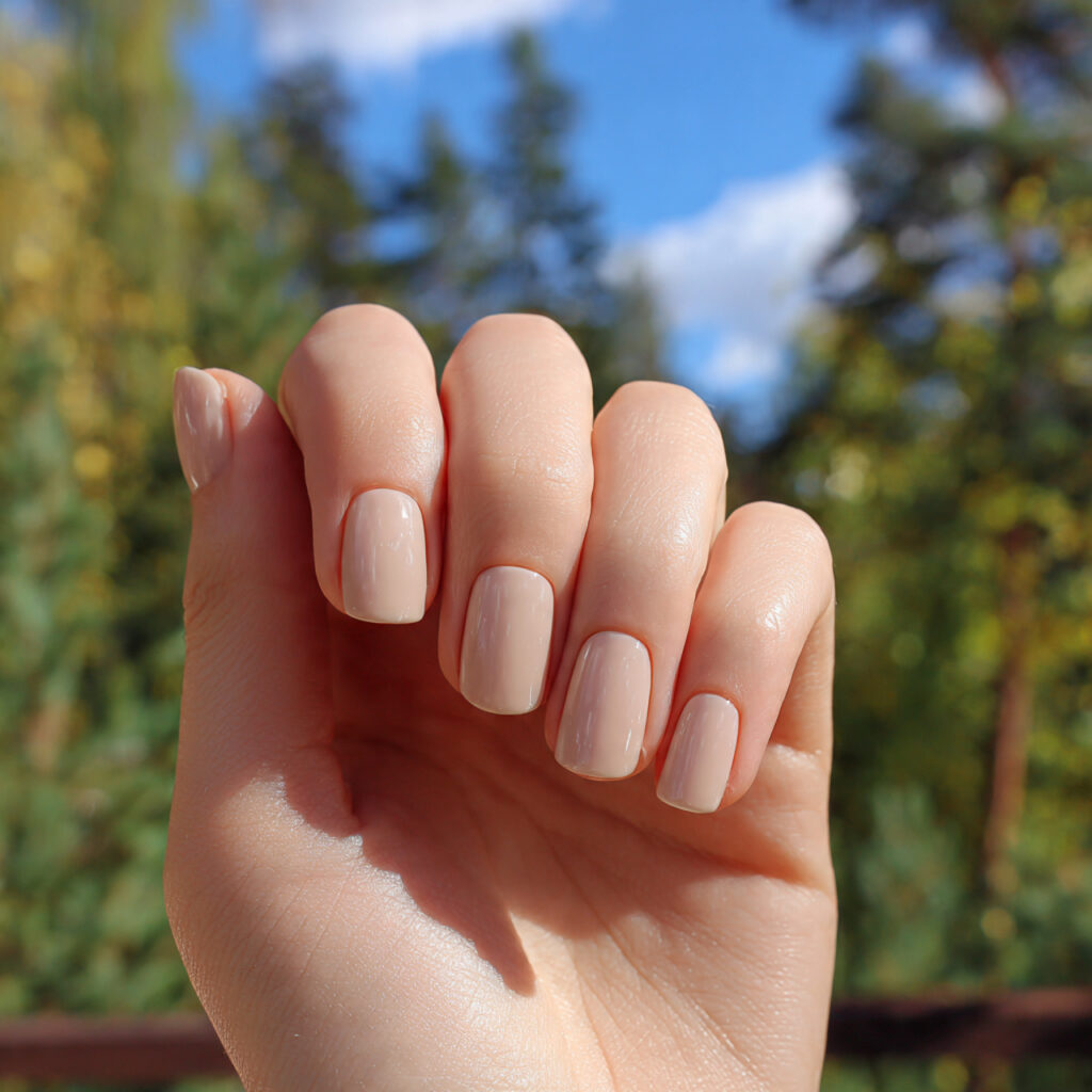 attractive beige short nails with outdoor backgrou
