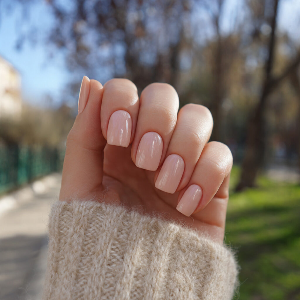 attractive beige squoval short nails with outdoor