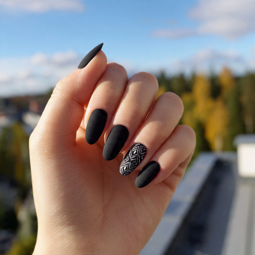 attractive black and minimal nails with outdoor ba