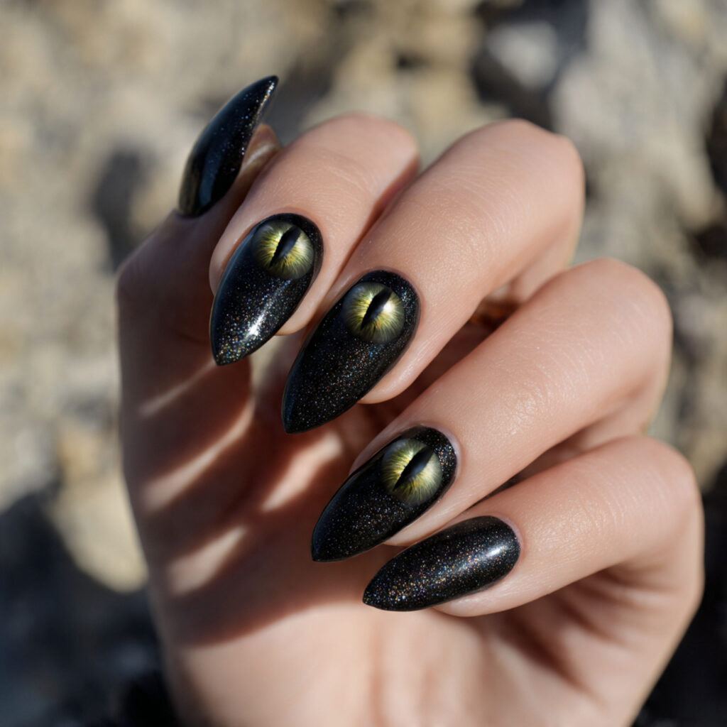 Nail Inspo Cat Eye: Magnetic Glow & Mesmerizing Shine 10 attractive black cat eye nails with outdoor backgr