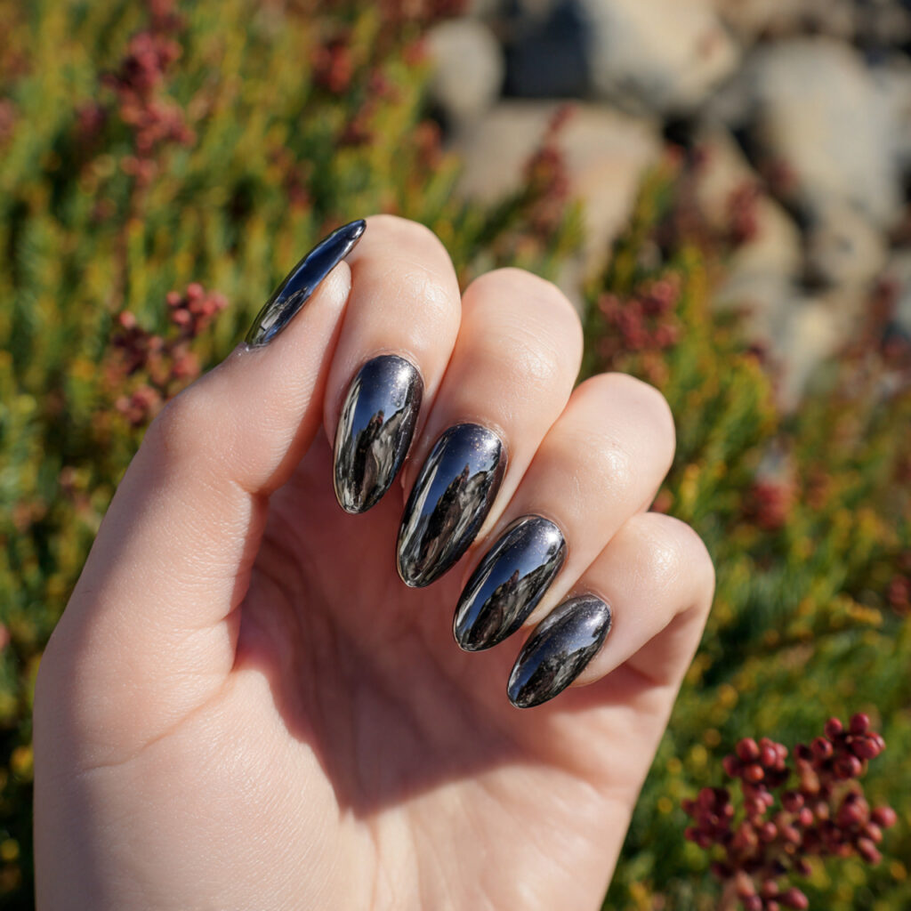 attractive black chrome mirror nails with outdoor