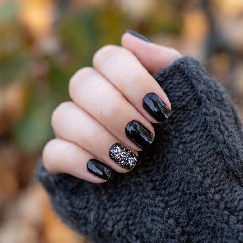 Short Dark Nails: Bold, Chic & Effortlessly Cool 4 attractive black nails with glitter accent with ou