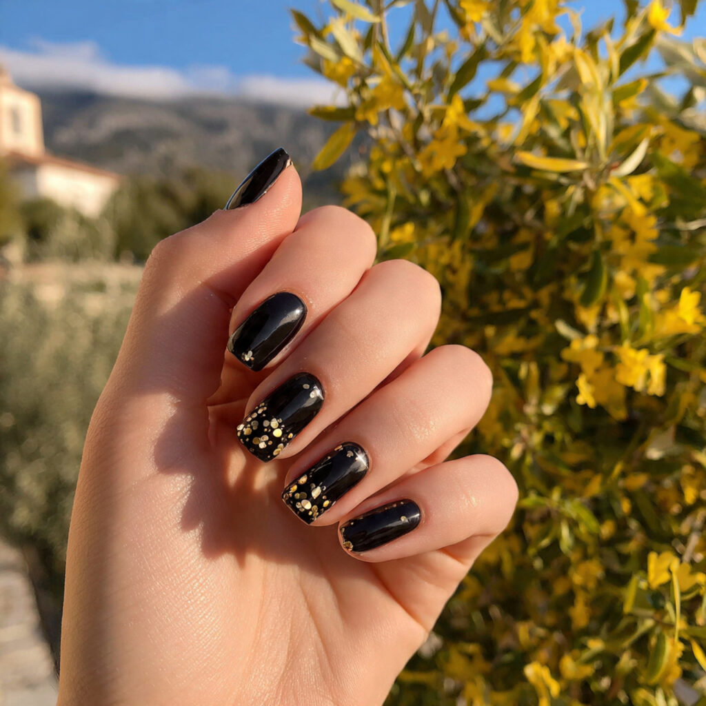 Short Dark Nails: Bold, Chic & Effortlessly Cool 9 attractive black nails with tiny gold short accent