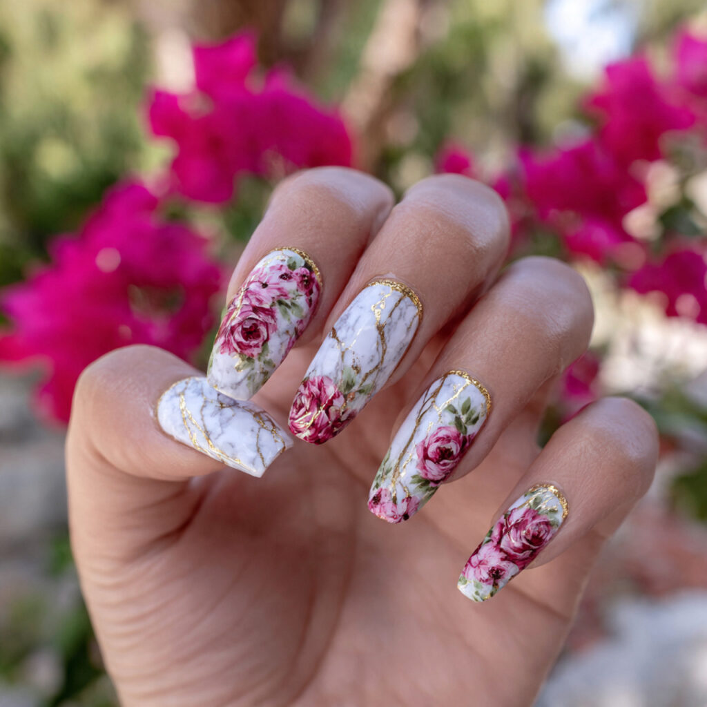 attractive blooming marble nails with outdoor back