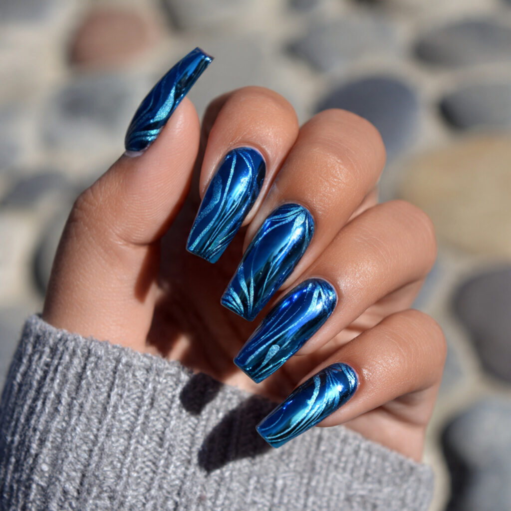 Nail Inspo Chrome: Glossy, Glazed & Next-Level Aesthetic Looks 6 attractive blue chrome swirl nails with outdoor ba