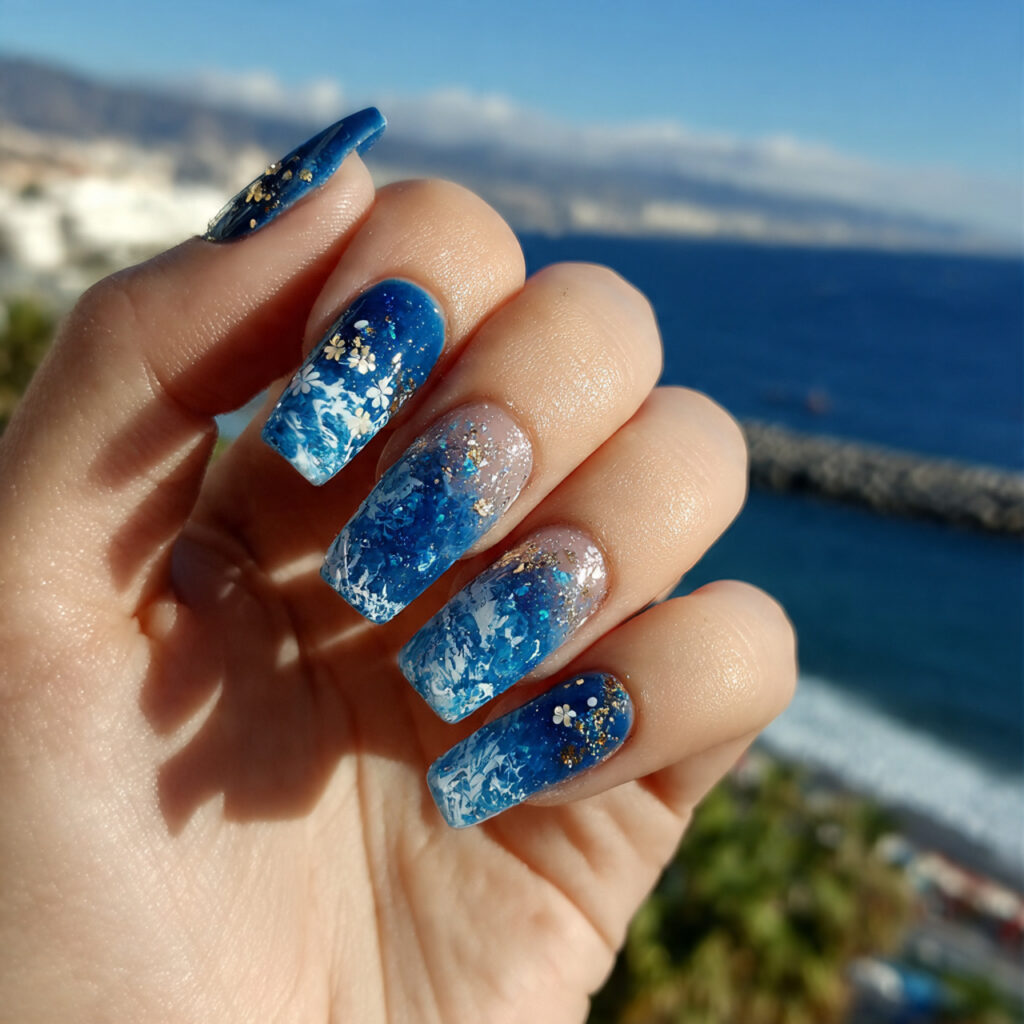 attractive blue ocean blooming nails with outdoor