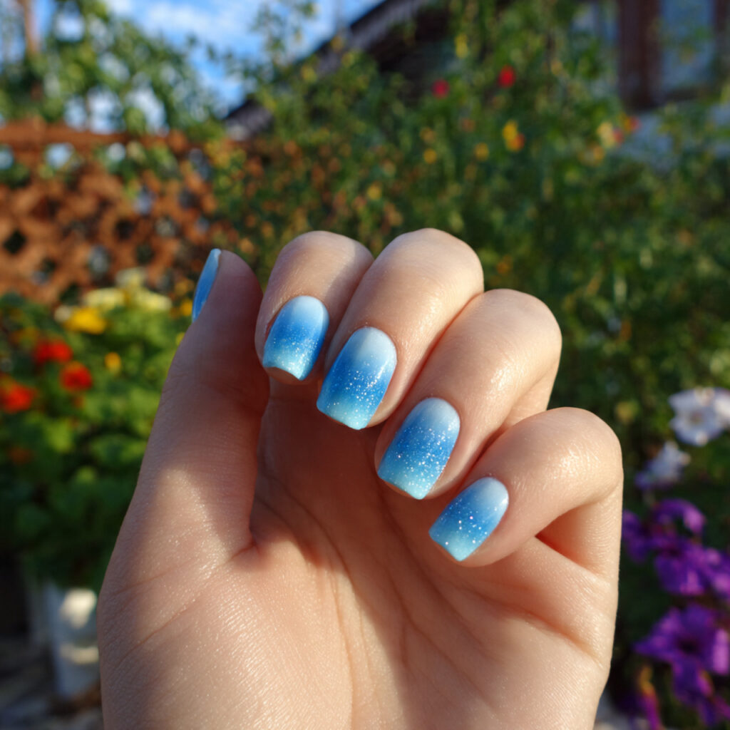 Short Ombre Nails: Soft Blends You’ll Keep Staring At 6 attractive blue ombre short nails with outdoor bac