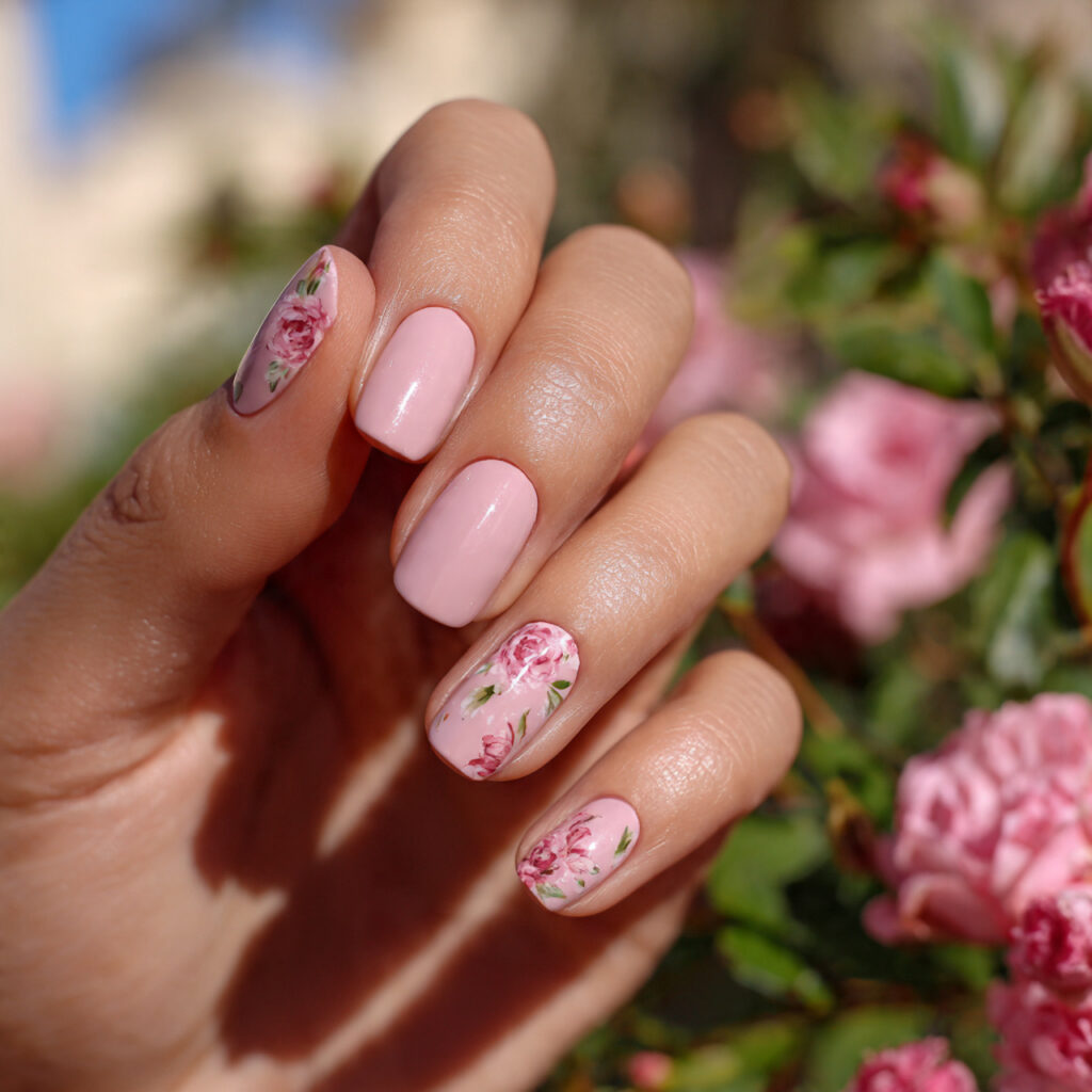 Pink Flower Nails: 14 Dreamy Designs You’ll Want to Save 2 attractive blush pink floral nails outdoor backgro