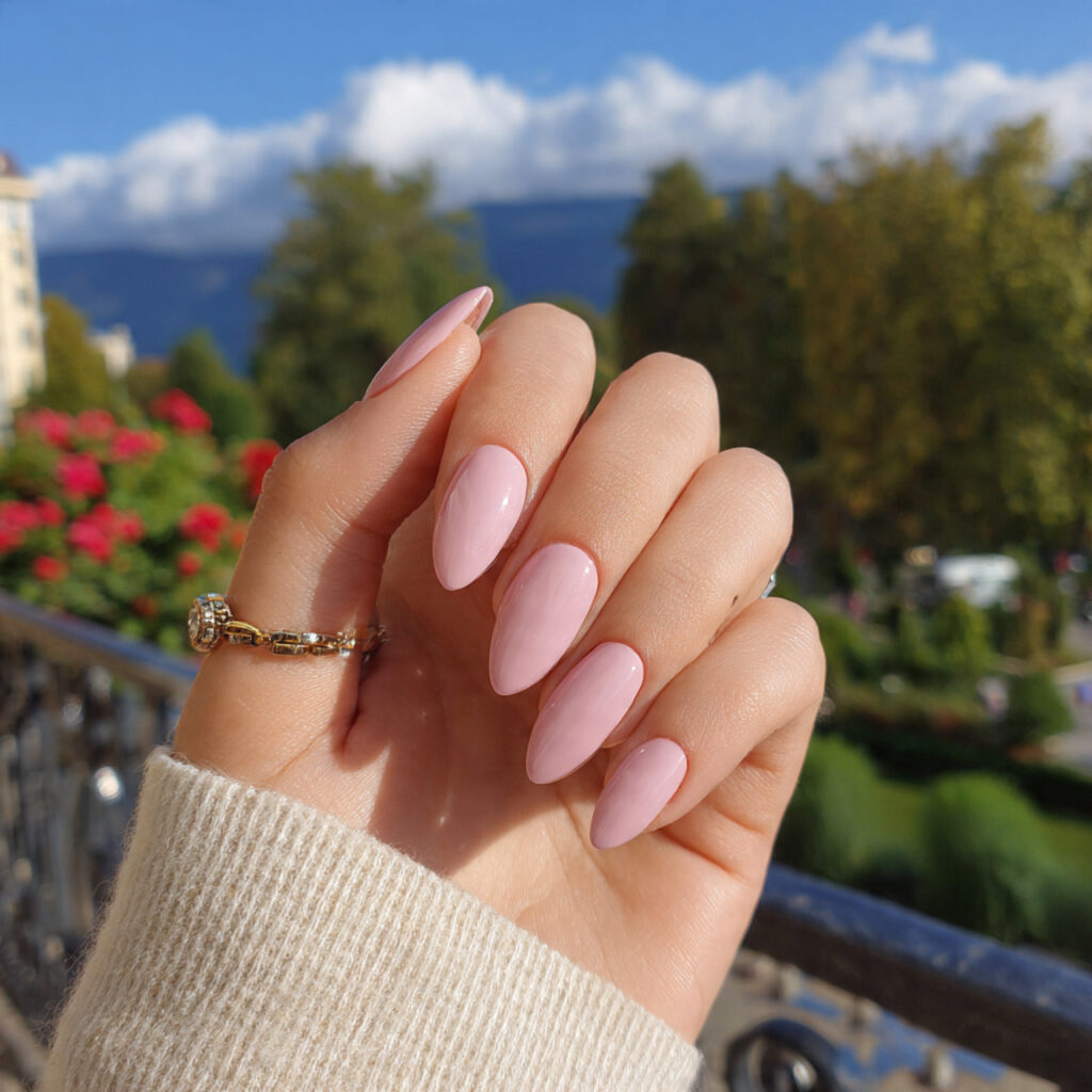 Extra Short Almond Nails: 14 Cute & Aesthetic Ideas You’ll Love 12 attractive blush pink gloss almond nails with outd