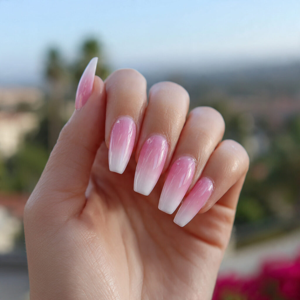 Pink Coffin Nails: 14 Dreamy & Trendy Designs You’ll Love 2 attractive blush pink ombre coffin nails with outd