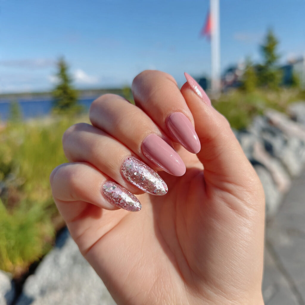 Pink and Silver Nails: Soft Glam Meets Sparkle 14 attractive blush pink with silver aura effect nail