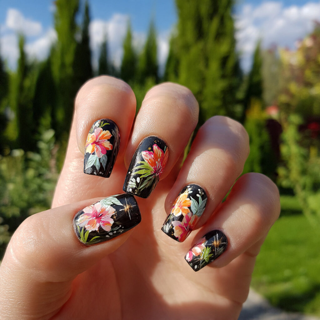 attractive bold black blooming flowers nails with
