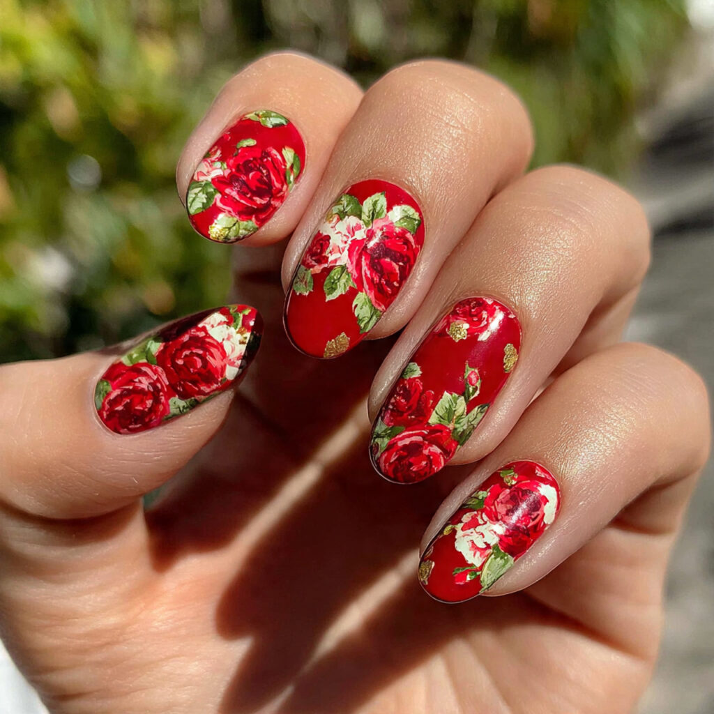 Nail Inspo Flower: The Dreamiest Floral Nail Ideas You’ll Want to Copy 5 attractive bold red rose nails with outdoor backgr