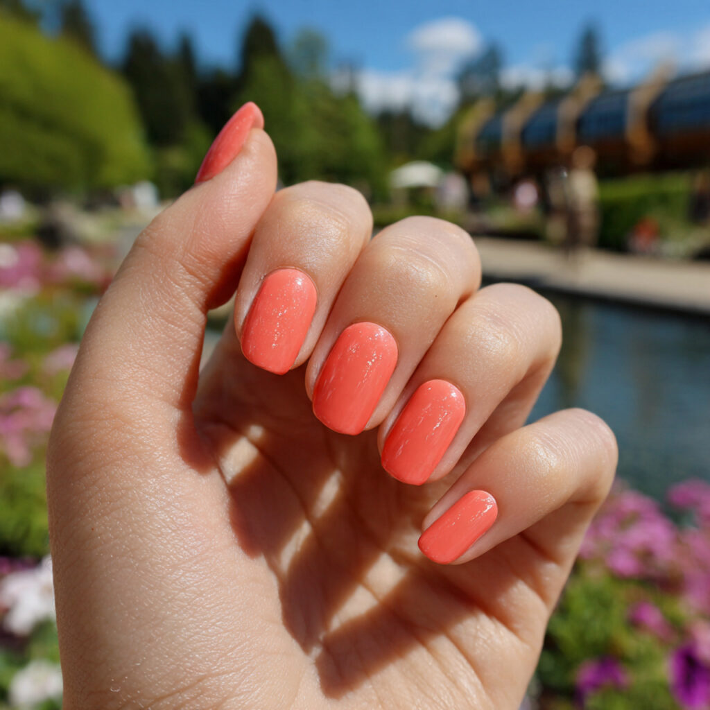Nail Inspo Summer 2026: Fresh, Glowy & Totally Addictive Looks 8 attractive bright coral summer nails with outdoor