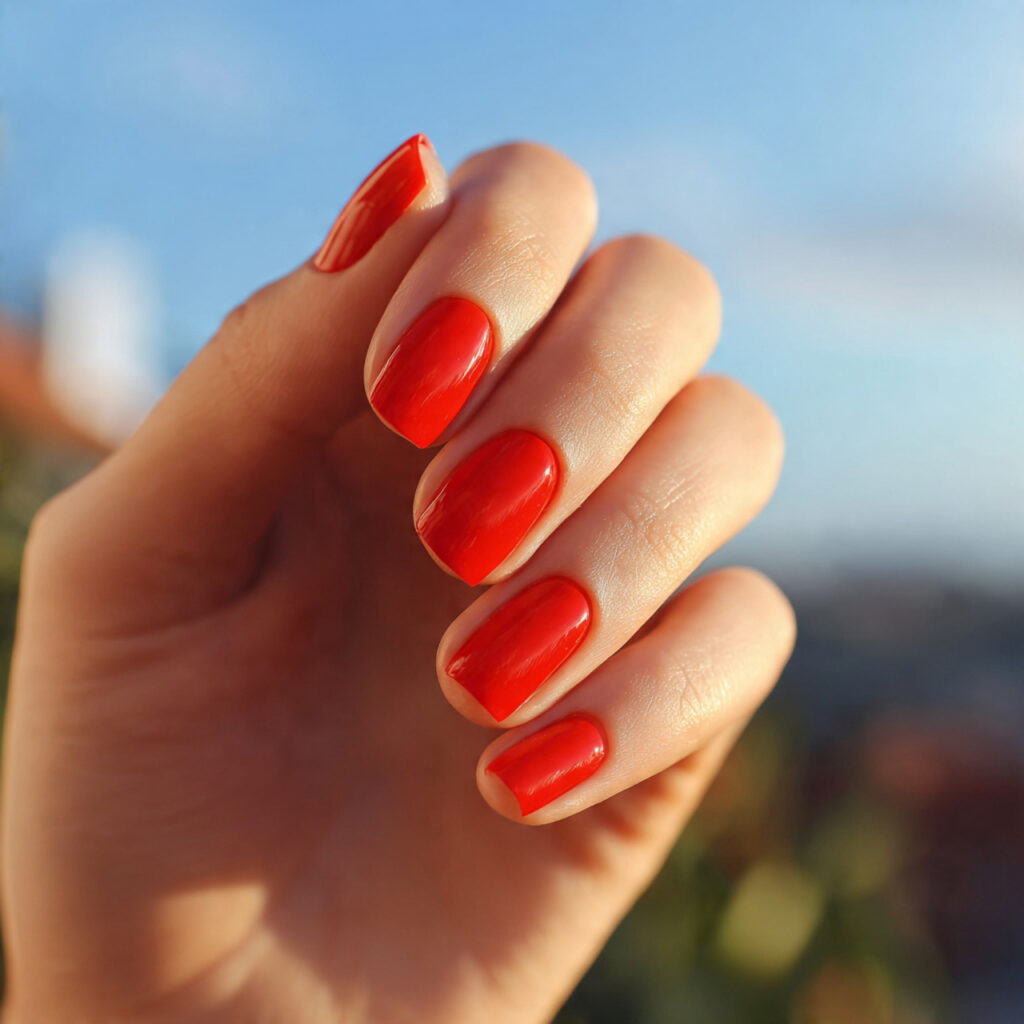 Nail Inspo Solid Color: Simple Shades That Feel So Put-Together 11 attractive bright red solid nails with outdoor bac