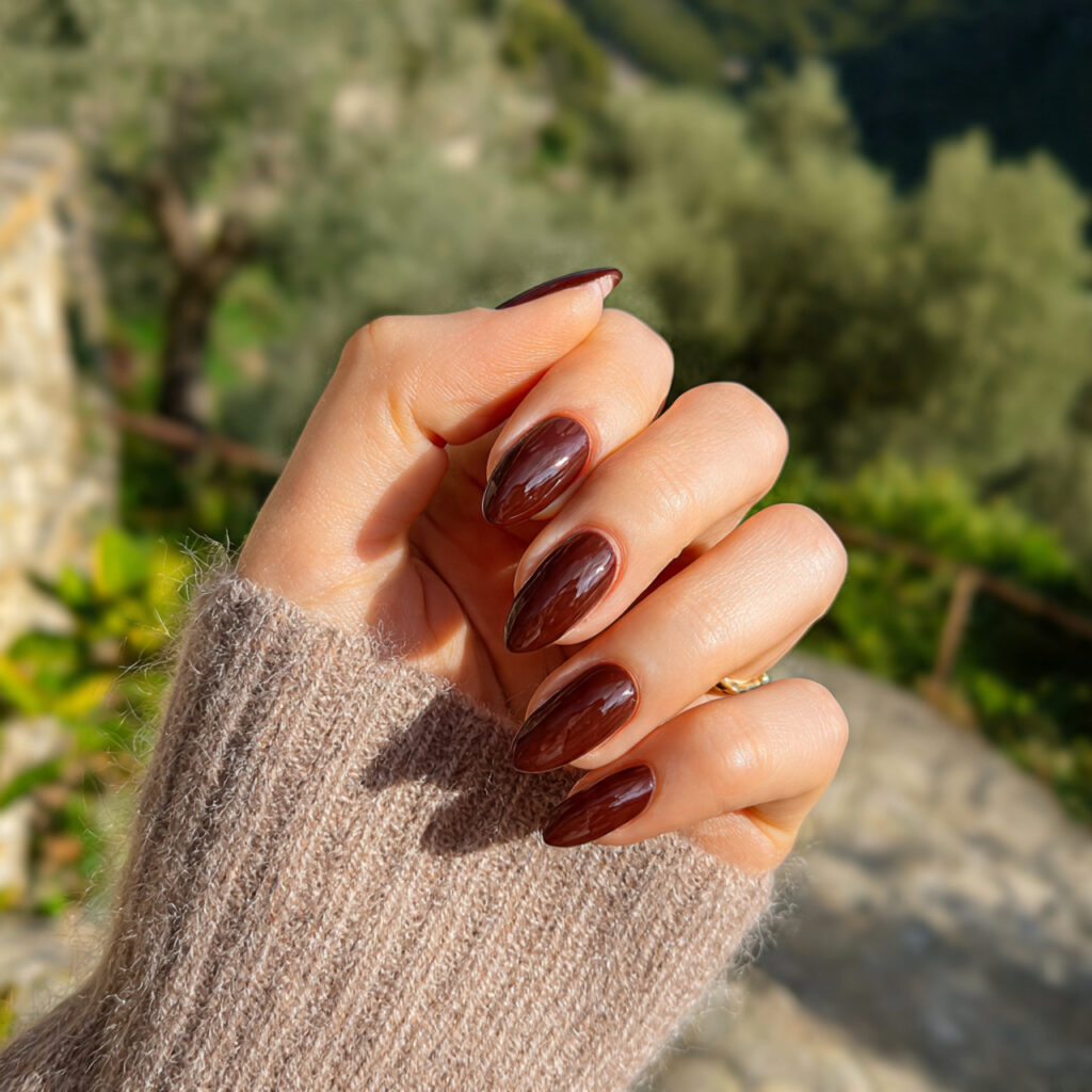 attractive brown aesthetic almond nails with outdo