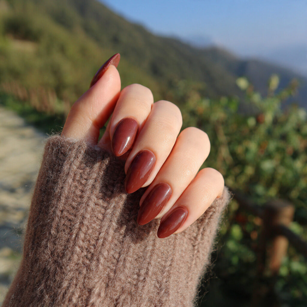 attractive brown aesthetic pointy short nails with