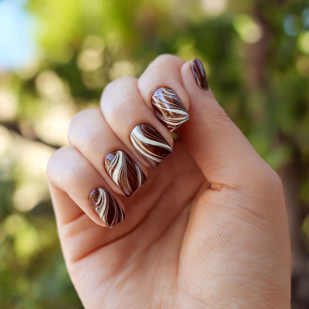 Brown Short Nails: Cozy, Chic Looks You’ll Want on Repeat 9 attractive brown and cream swirl nails outdoor bac 1