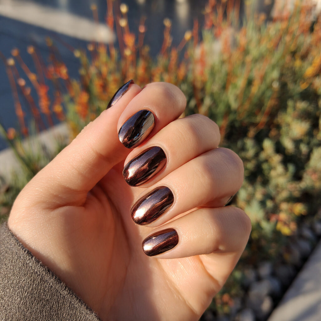 Brown Short Nails: Cozy, Chic Looks You’ll Want on Repeat 10 attractive brown chrome short nails with outdoor b