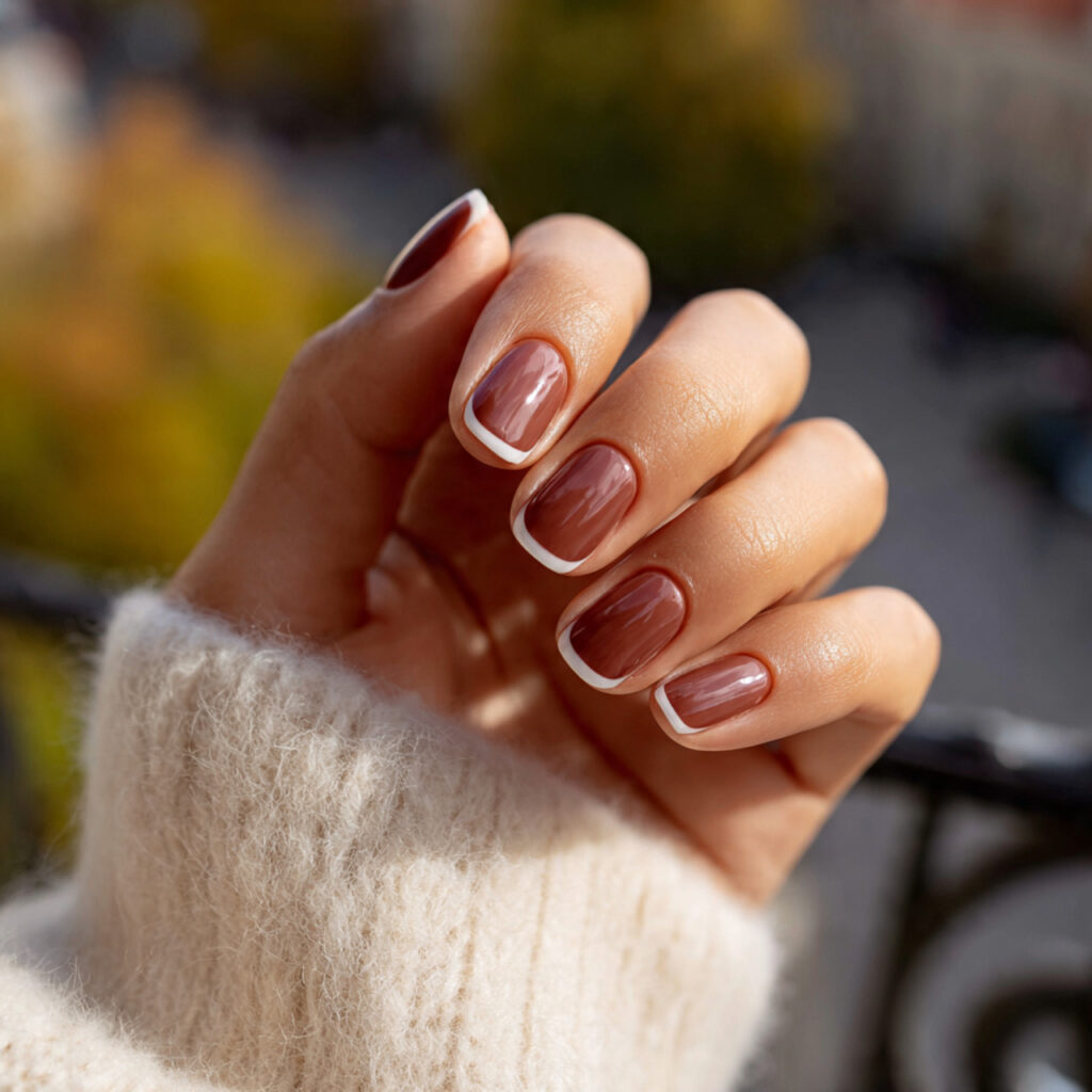Short Nails Autumn: Cozy, Chic Looks You’ll Fall in Love With 8 attractive brown french tip short nails with outdo