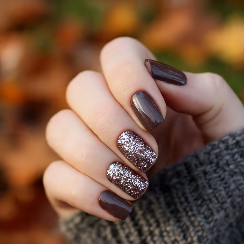 Brown Short Nails: Cozy, Chic Looks You’ll Want on Repeat 12 attractive brown glitter accent nails with outdoor
