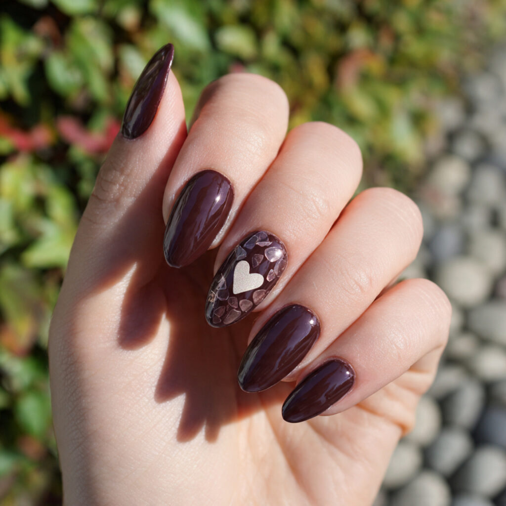 Brown Short Nails: Cozy, Chic Looks You’ll Want on Repeat 8 attractive brown heart accent nails outdoor backgr
