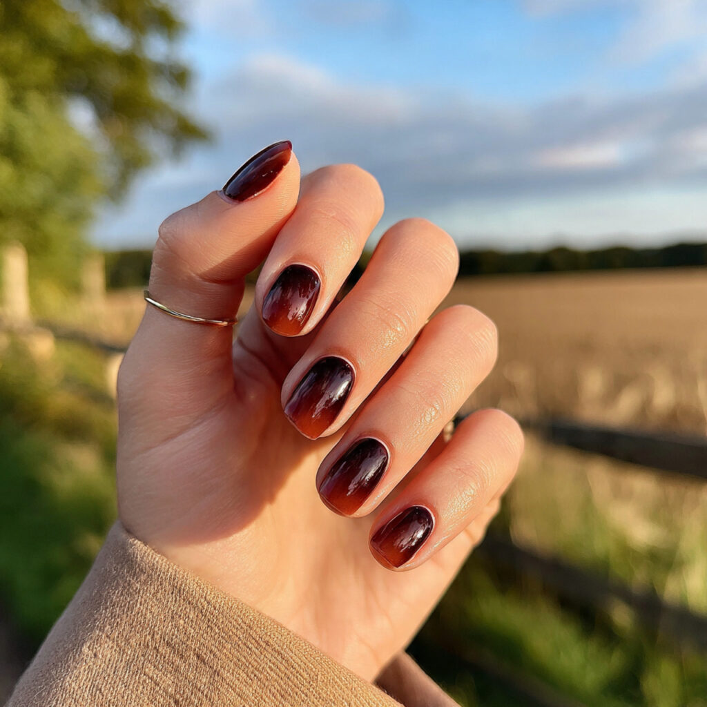 Short Nails Brown: 12 Cozy, Chic & Effortlessly Aesthetic Ideas 7 attractive brown ombre short nails with outdoor ba