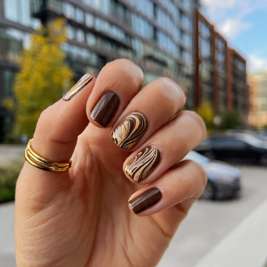 Short Nails Brown: 12 Cozy, Chic & Effortlessly Aesthetic Ideas 12 attractive brown swirl minimal short nails with ou