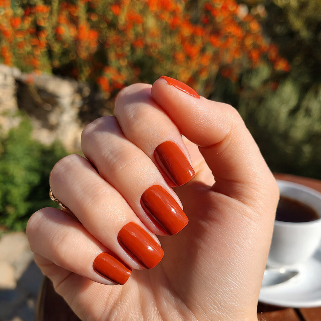 Short Nails Fall: Cozy, Chic & Cute Ideas You’ll Want to Save 2 attractive burnt orange short nails with outdoor b 1