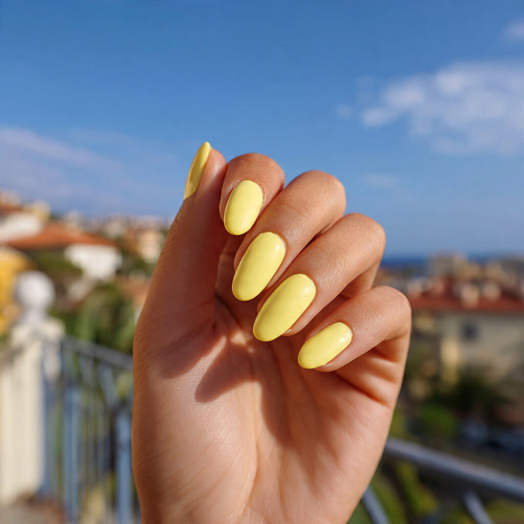 Nail Inspo Summer 2026: Fresh, Glowy & Totally Addictive Looks 11 attractive butter yellow nails with outdoor backgr