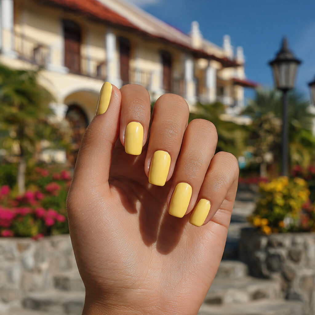 Short Nails Color: Cute, Glossy & Effortlessly Aesthetic Shades 11 attractive butter yellow short nails with outdoor