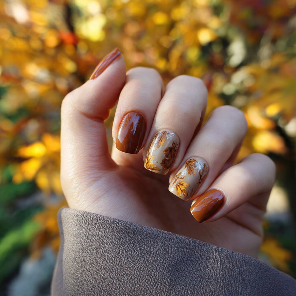 Short Nails Fall: Cozy, Chic & Cute Ideas You’ll Want to Save 4 attractive caramel fall short nails with outdoor b