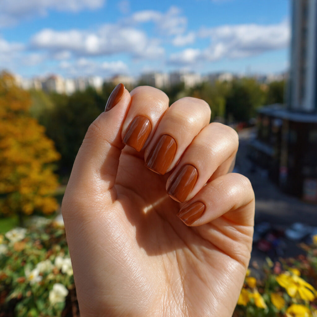 Short Nails Autumn: Cozy, Chic Looks You’ll Fall in Love With 13 attractive caramel gloss short nails with outdoor