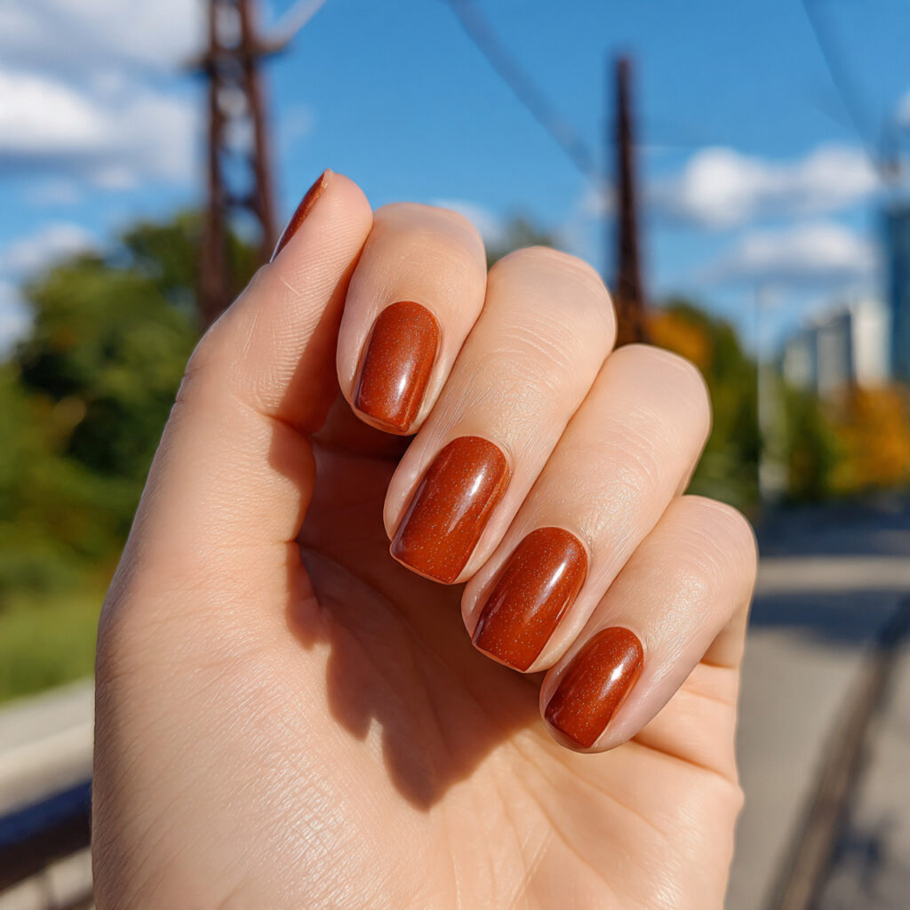 Short Nails Brown: 12 Cozy, Chic & Effortlessly Aesthetic Ideas 3 attractive caramel gloss short nails with outdoor 1 1
