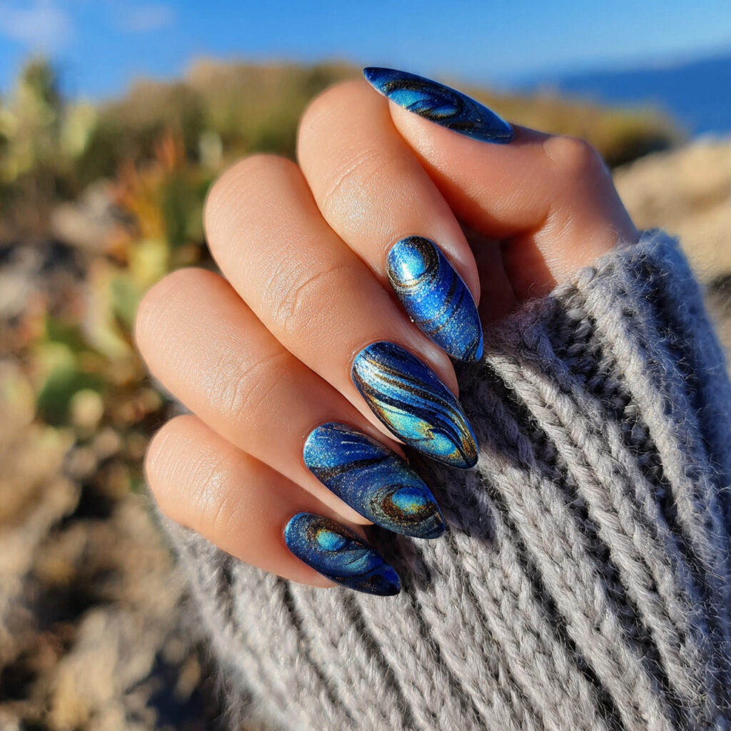 Nail Inspo Cat Eye: Magnetic Glow & Mesmerizing Shine 2 attractive cat eye nails with outdoor background