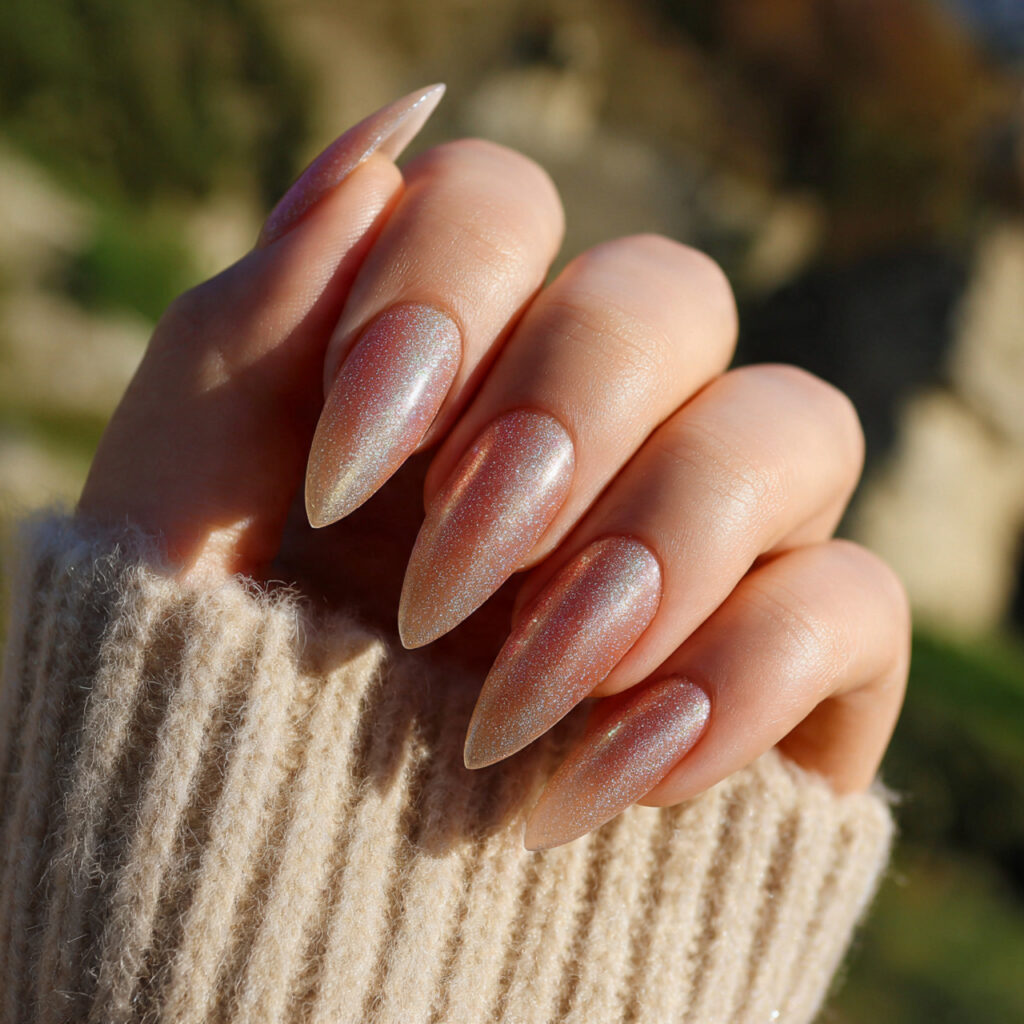 Nail Inspo Cat Eye: Magnetic Glow & Mesmerizing Shine 3 attractive champagne cat eye nails with outdoor ba