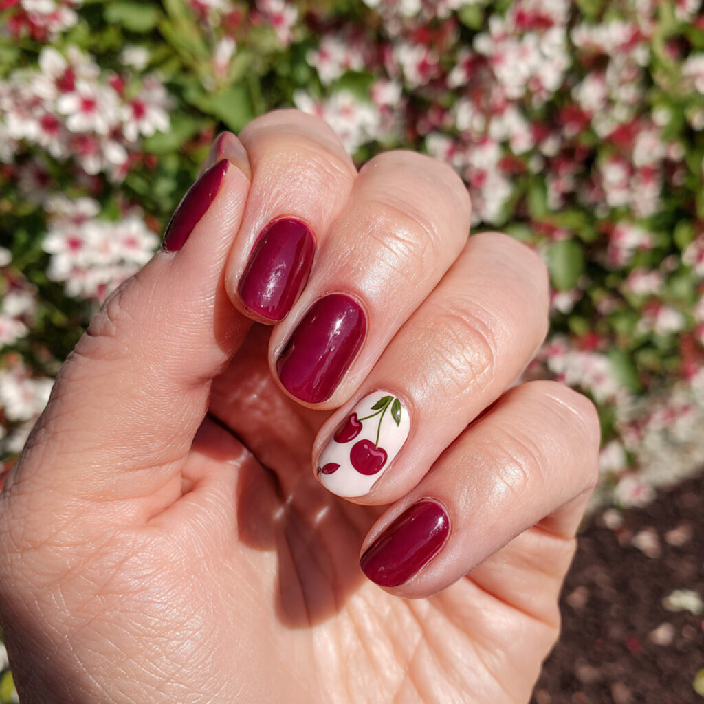 Nail Art for Short Nails: 14 Cute & Aesthetic Ideas You’ll Love 2 attractive cherry accent short nails with outdoor