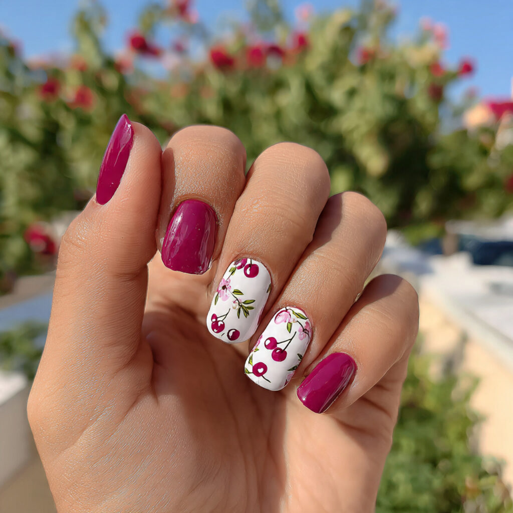 attractive cherry accent short nails with outdoor 1 1