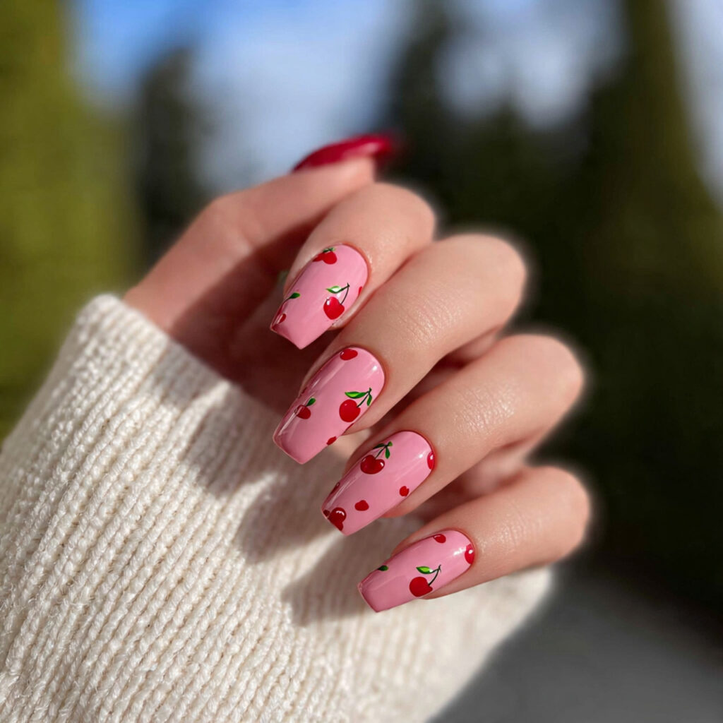 Coffin Nails Short: 14 Cute & Trendy Designs You’ll Want to Try 2 attractive cherry pop short coffin nails with outd