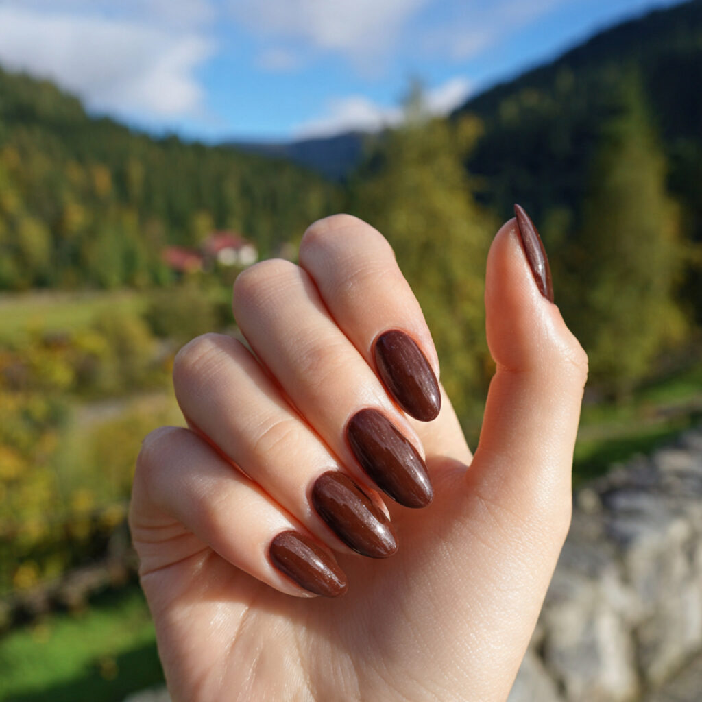 Nail Inspo Baddie: Bold, Glossy Looks That Own the Room 3 attractive chocolate brown gloss nails with outdoo