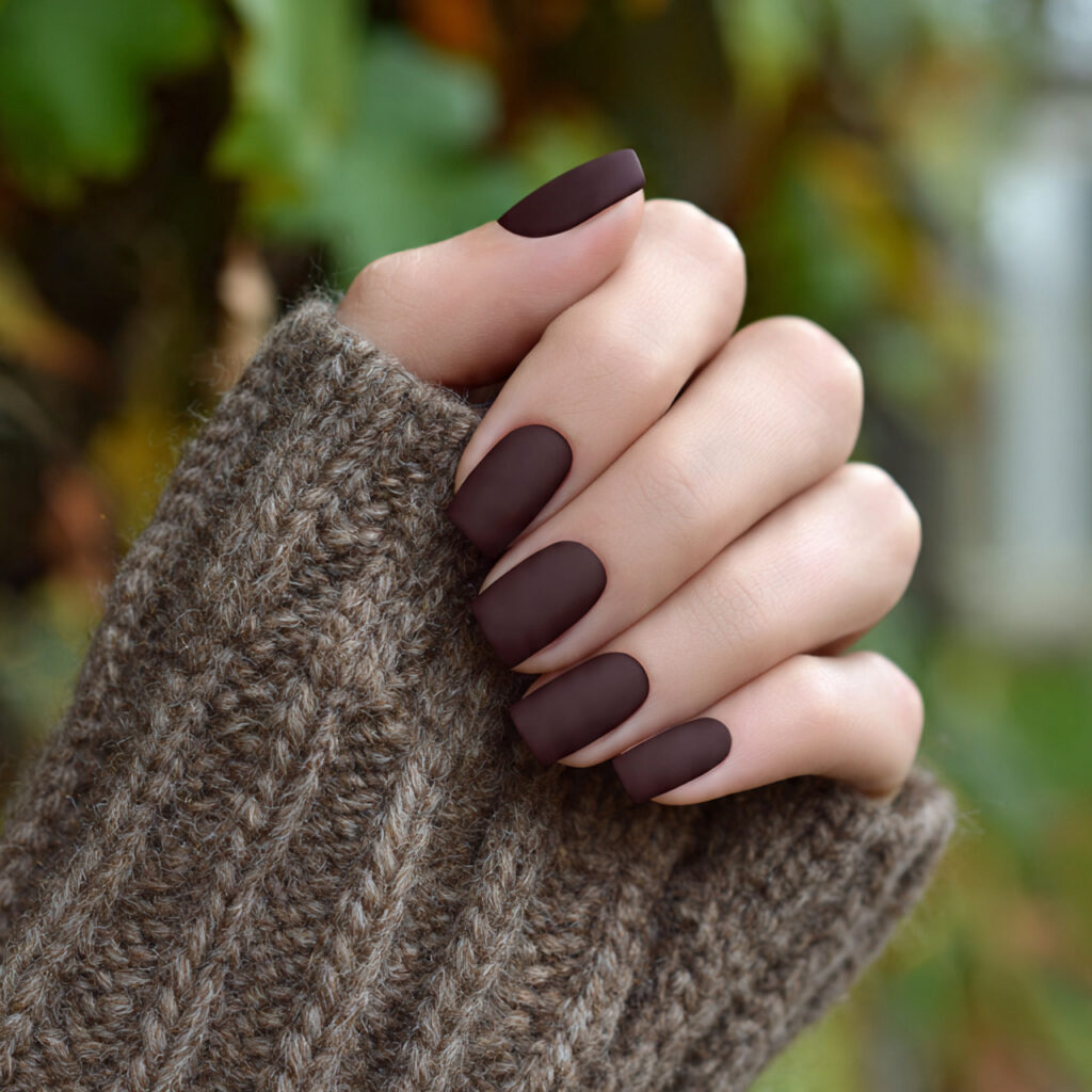 Short Nails Autumn: Cozy, Chic Looks You’ll Fall in Love With 6 attractive chocolate brown matte nails with outdoo