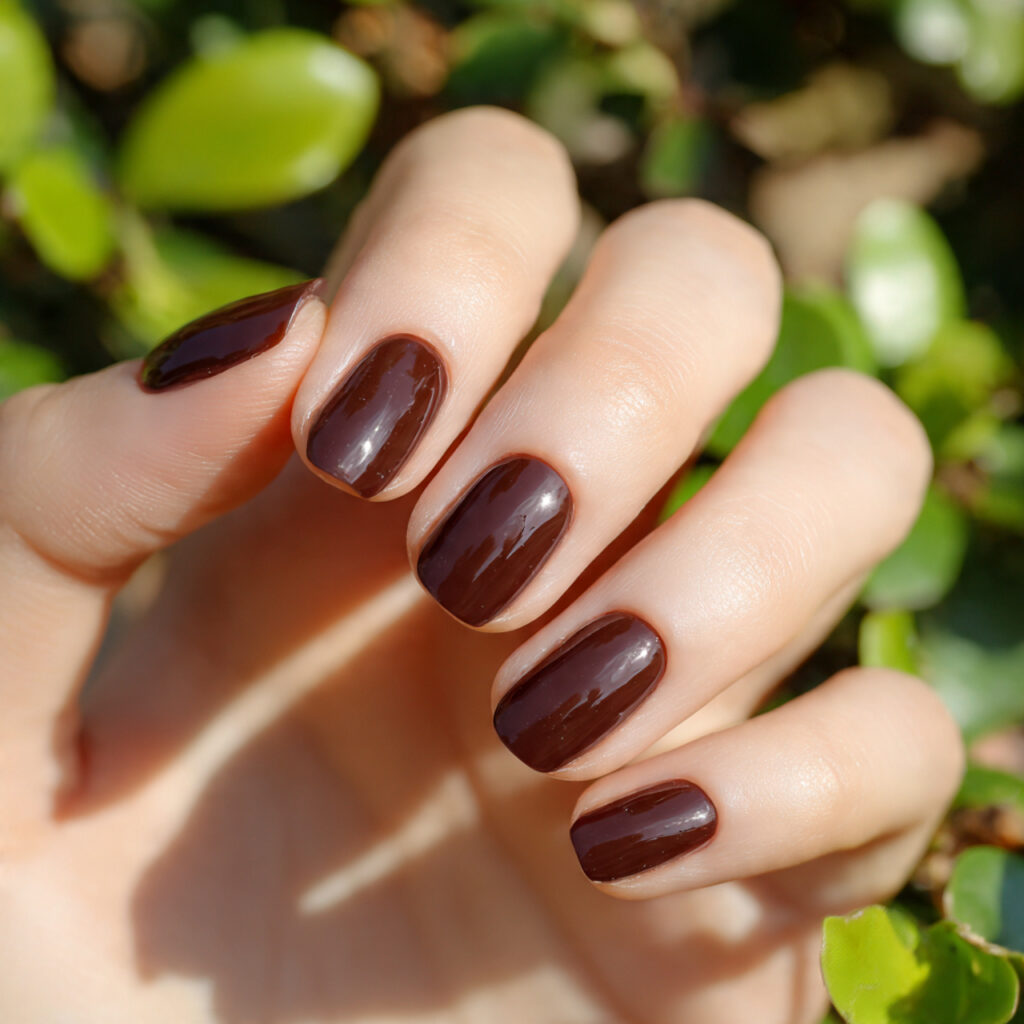 Short Nails Winter: Cozy, Chic & Effortlessly Cute 6 attractive chocolate brown shor t nailswith outdoo