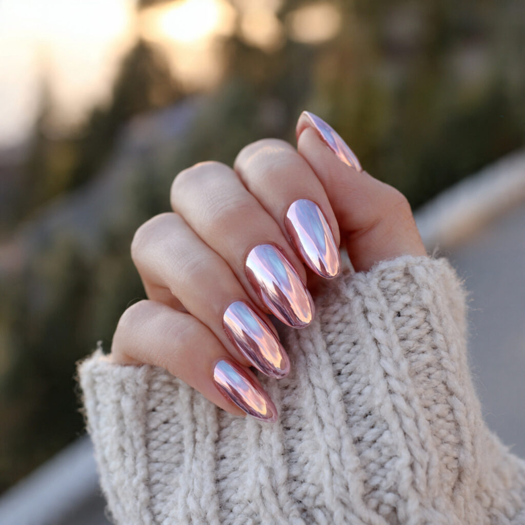 Nail Inspo Chrome: Glossy, Glazed & Next-Level Aesthetic Looks 3 attractive chrome almond nails with outdoor backgr