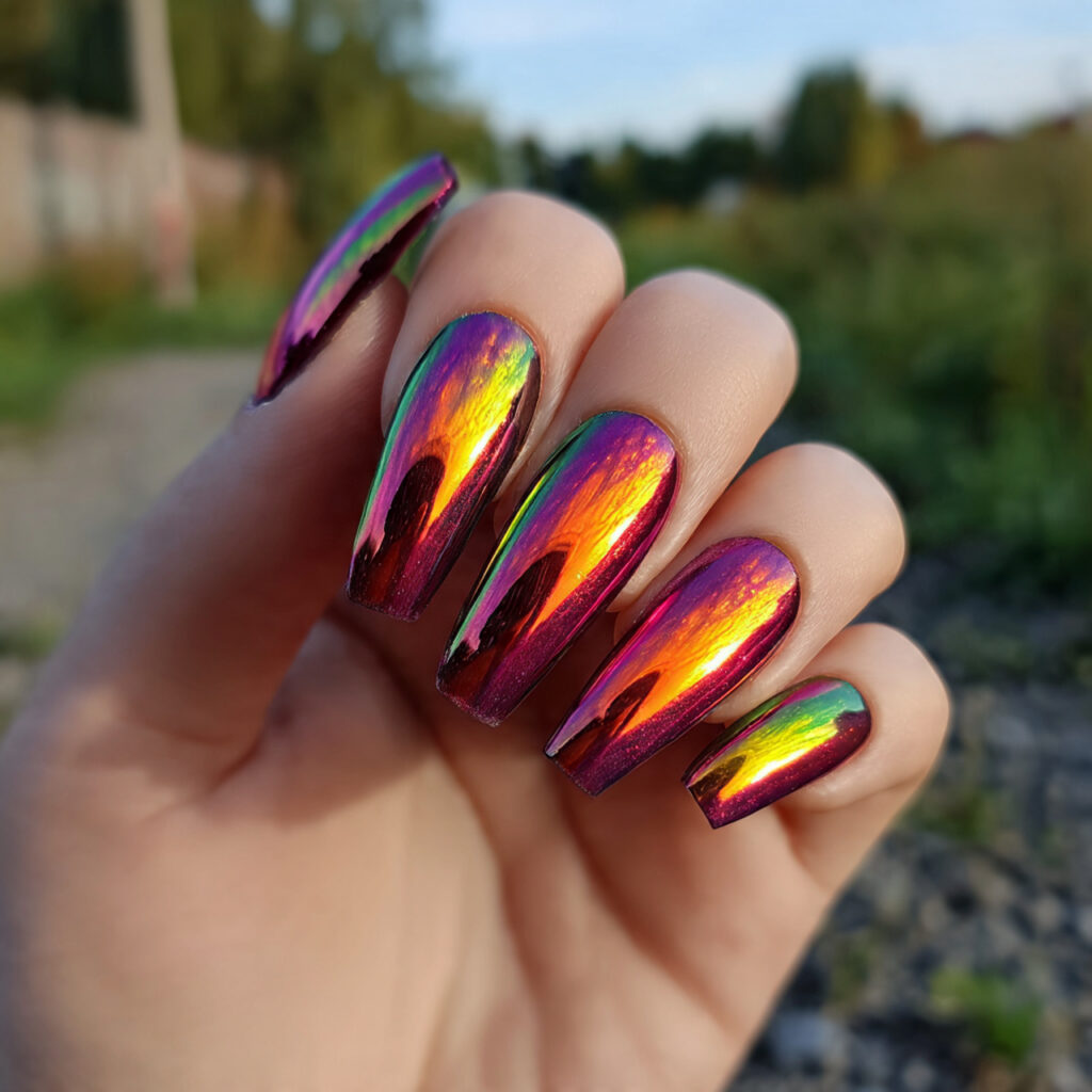 Nail Inspo Maximalist: Bold, Extra & Unapologetically Glam 11 attractive chrome color melt nails with outdoor ba
