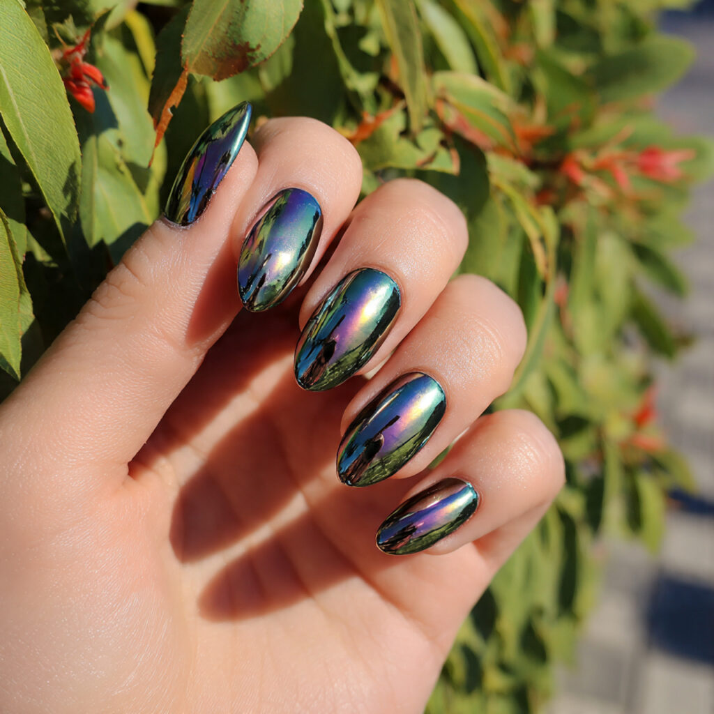 attractive chrome glazed acrylic short nails with