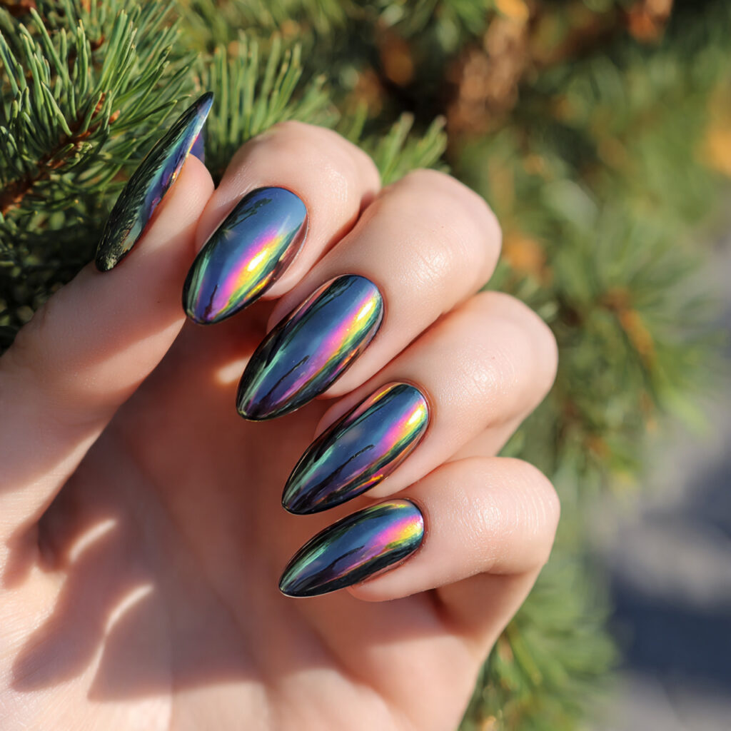 attractive chrome glazed almond nails with outdoor