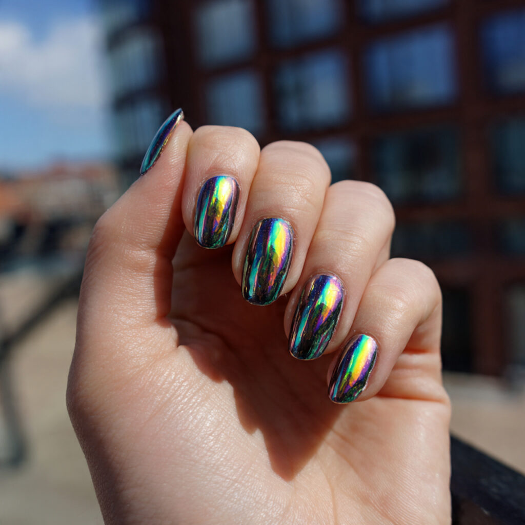 Nail Inspo Aesthetic: 14 Dreamy & Trendy Looks You’ll Want to Save 8 attractive chrome glazed nails with outdoor backgr 1