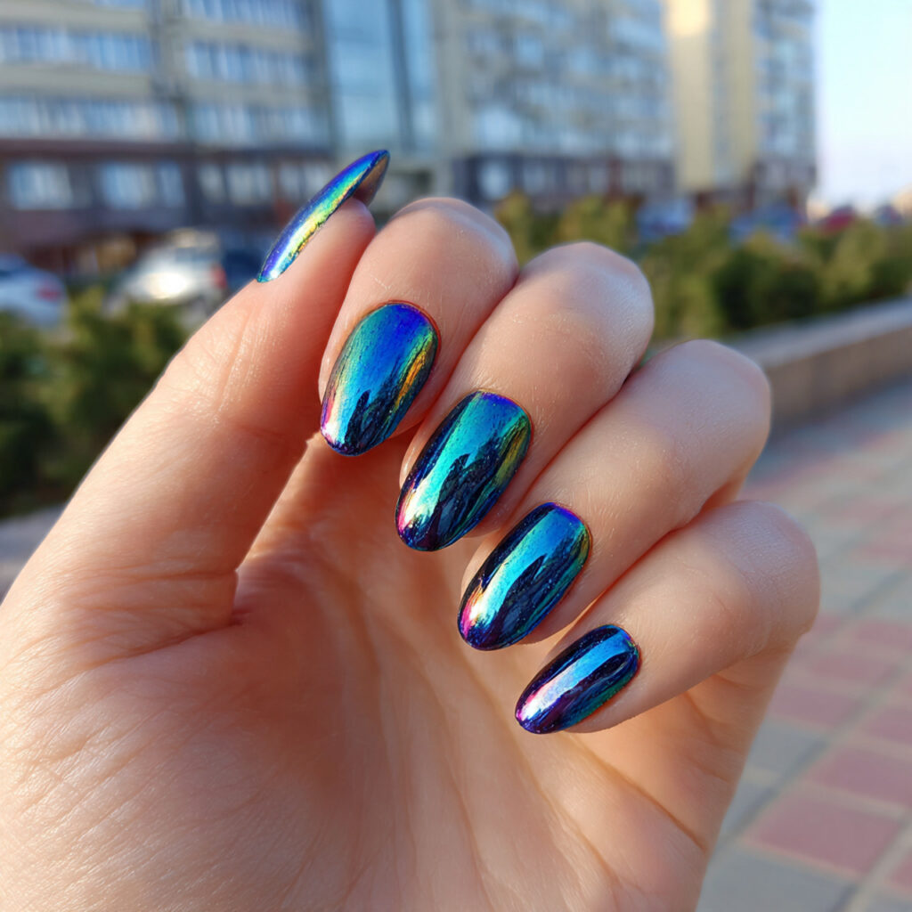 Nail Inspo Baddie: Bold, Glossy Looks That Own the Room 4 attractive chrome glazed nails with outdoor backgr