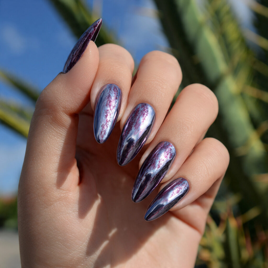 Nail Inspo Summer 2026: Fresh, Glowy & Totally Addictive Looks 9 attractive chrome glazed nails with outdoor backgr 2