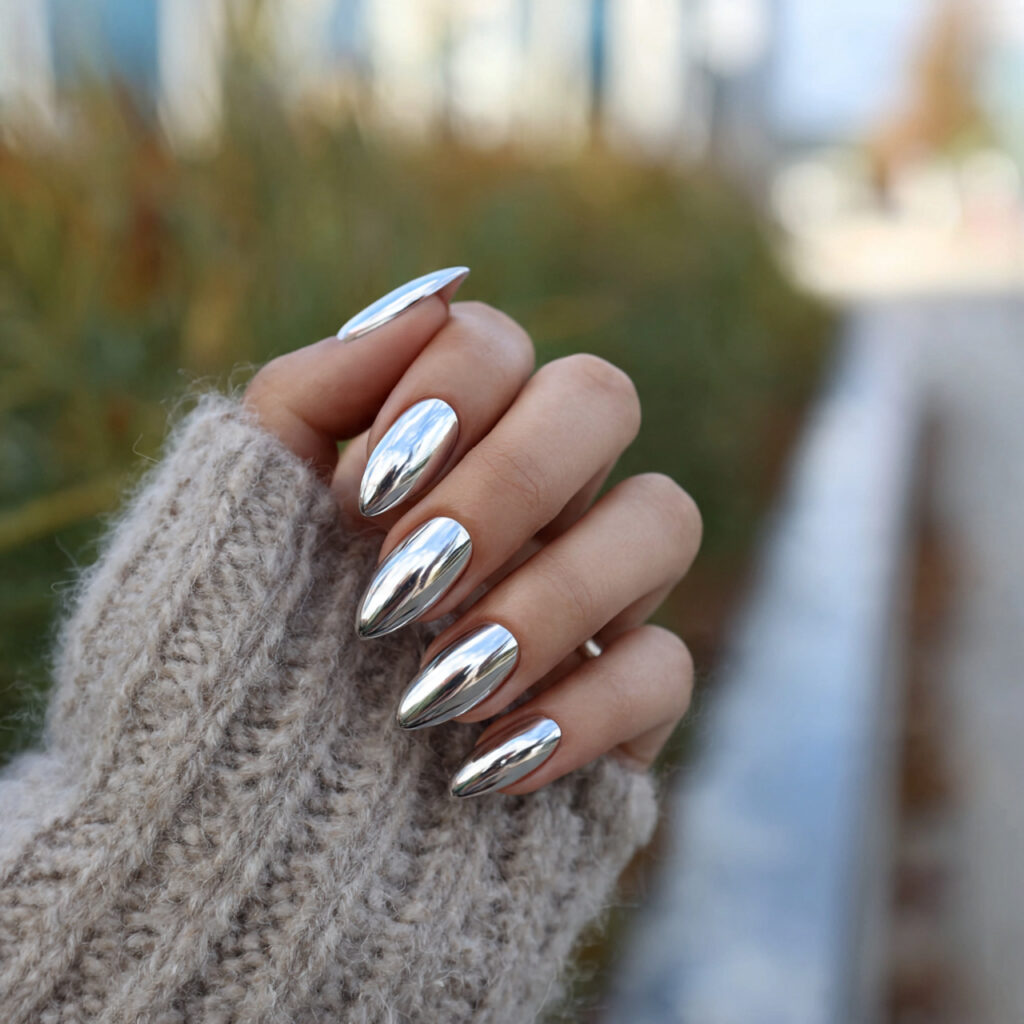 attractive chrome glazed pointy short nails with o
